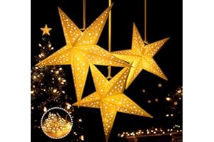 HOUISM HOUÍSM Paper Star Lantern with 3PCS Fairy String Lights(30LED/1.5M), 3PCS White Star Moon Cut-Out Paper Star Lantern with 3 Sizes- 30/40/50cm for Indoor Outdoor Room Wedding Christmas Party Decor