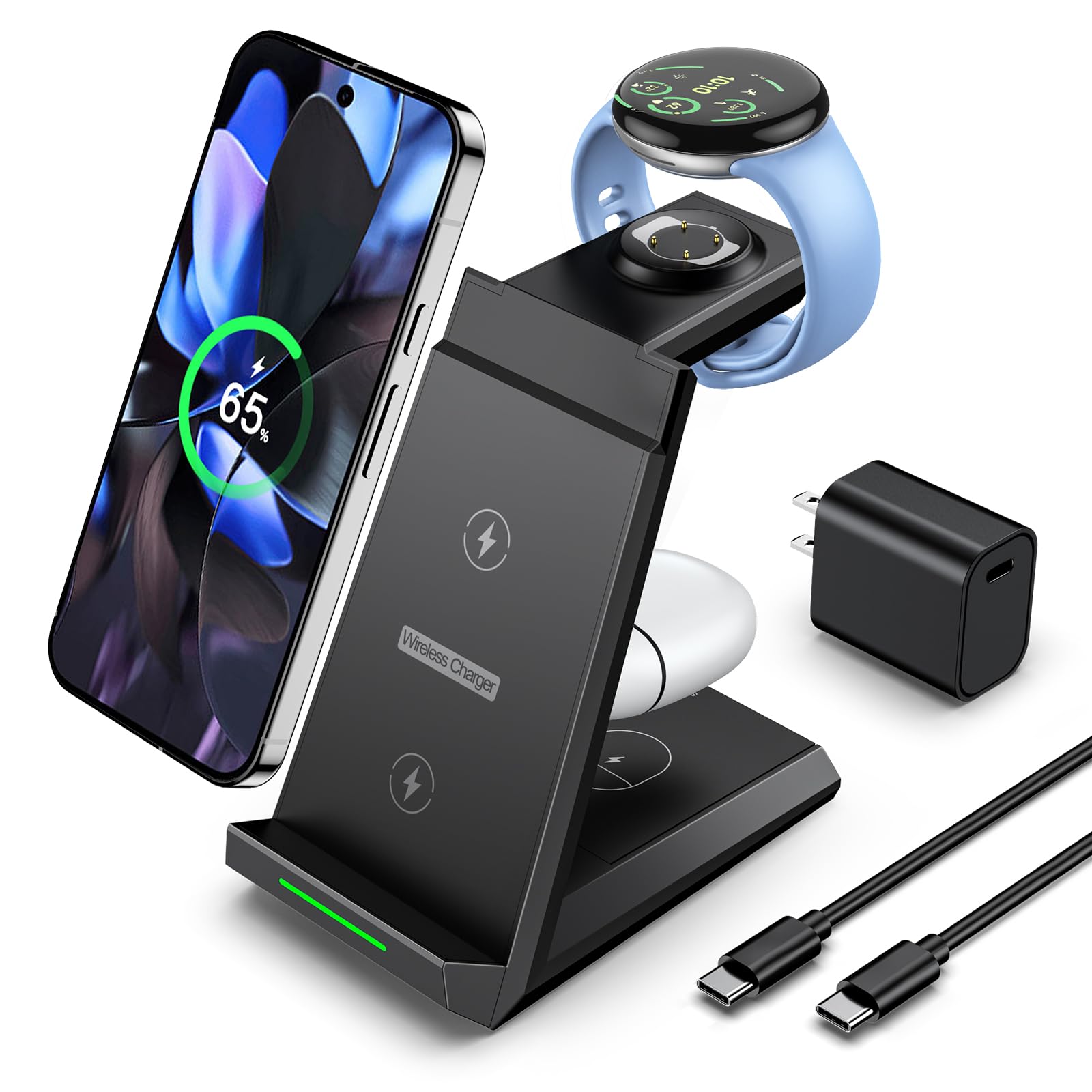NANAMI Wireless Charger for Google - 3 in 1 Wireless Charging Station Fast Charger Stand Dock for Pixel 9/9 Pro XL/Fold/8/7,Buds Pro 2/Pro, Watch 3/2,Fitbit Versa 4/Sense 2(Not for Pixel Watch 1/4)
