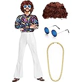 Eurzom Disco Costume Set Including Men's Disco Shiny Shirt Pant Funky Afro Wig Necklace Sunglasses for 60/70/80/90s Party