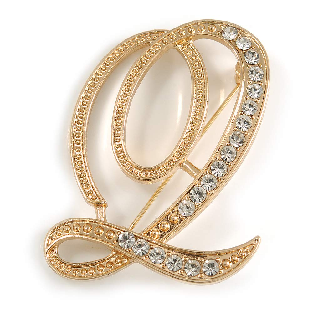 'Q' Gold Plated Clear Crystal Letter Q Alphabet Initial Brooch Personalised Jewellery Gift - 45mm Tall