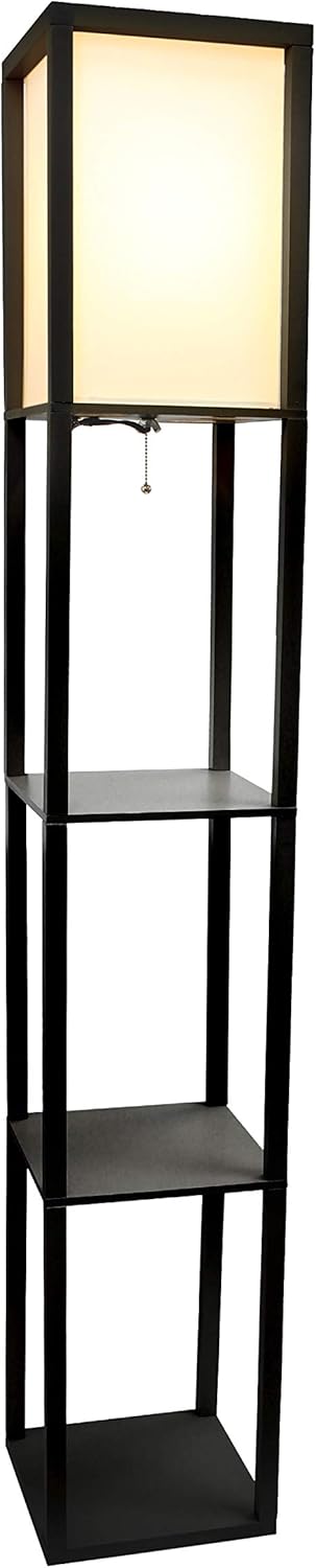 Simple Designs Home LF1014-BLK Etagere Organizer Storage Shelf Linen Shade Floor Lamp, Black - - 