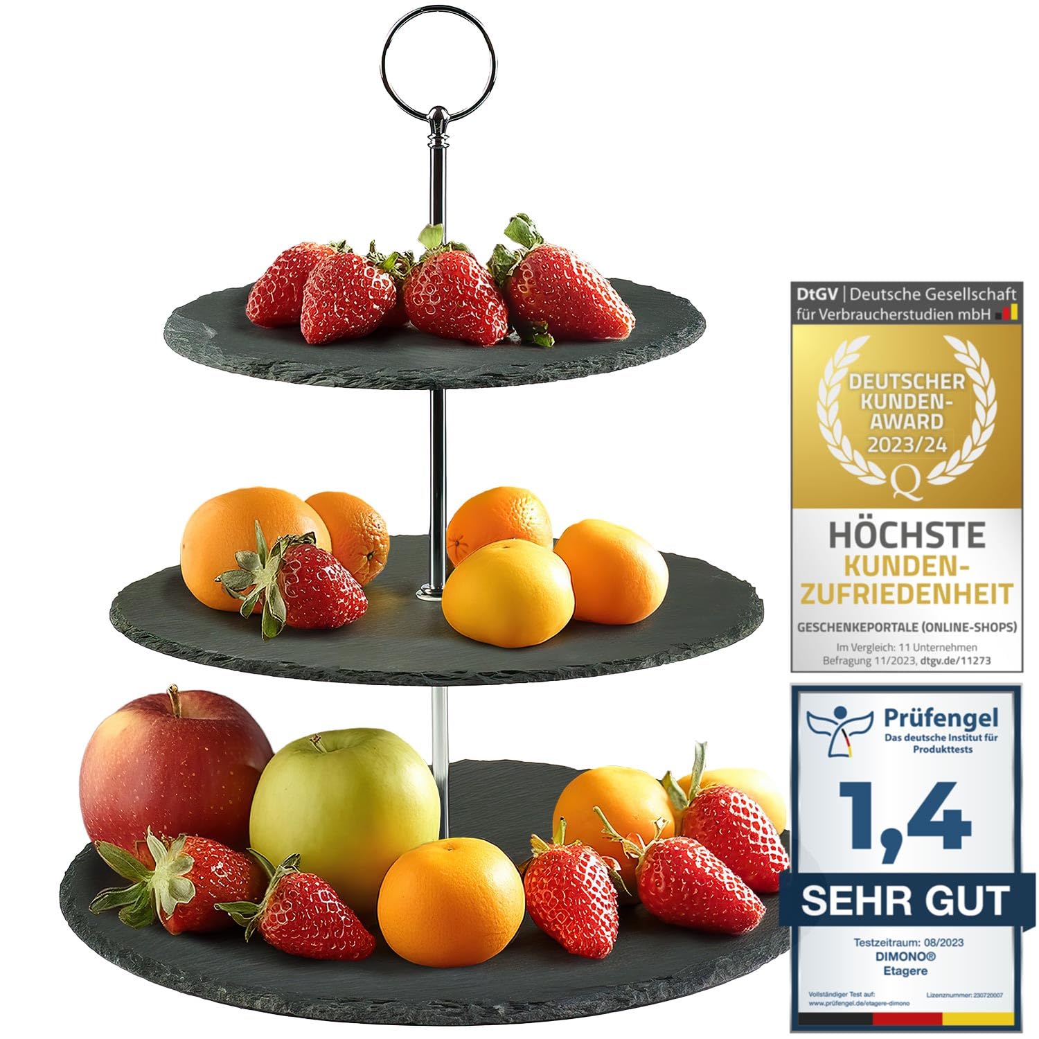 Dimono® Etagere Premium serving stand 3-tier; serving tray made of real natural slate stone for desserts, cakes, cheese, sausage; 3-tier.