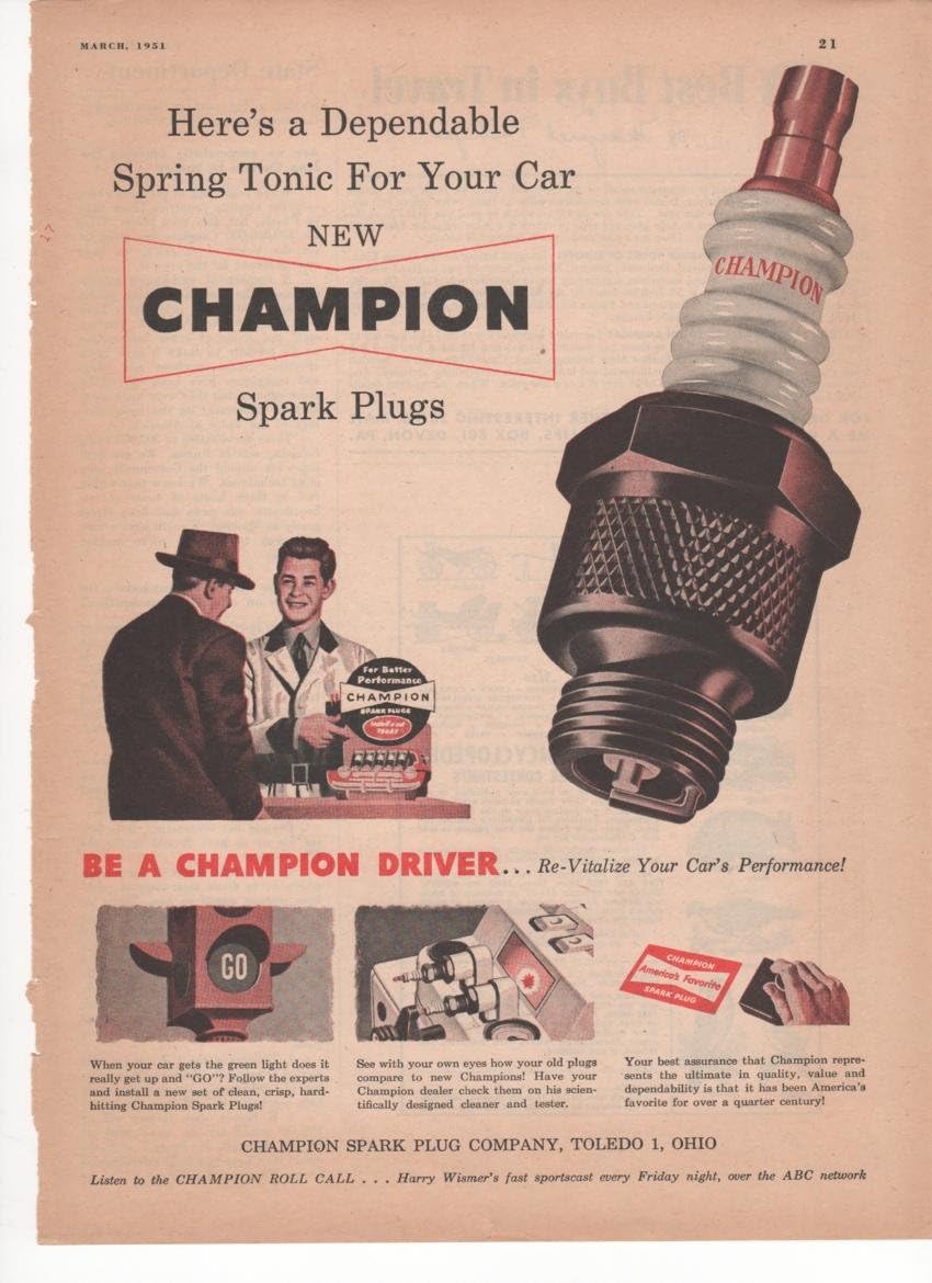 Champion Spark Plugs Here S A Dependable Spring Tonic For Your Car Auto 1951 Farm Antique Advertisement Amazon Co Uk Welcome