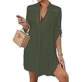 Bsubseach Women’s Swimsuit Coverup V Neck Bathing Suit Cove Up for Swimwear Long Sleeve Beach Dress Shirt