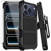 for iPhone 17 Pro Max Case with Belt Clip Holster,Anti-Drop Shockproof Bumper Phone Cases w/2x Screen Protectors & Kickstand,Rugged Heavy Duty Military Grade Protective Defender Cover (Black)