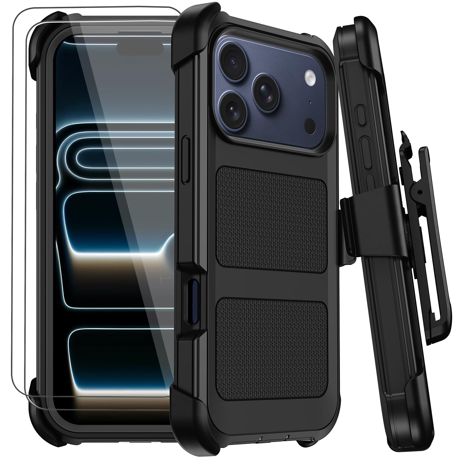 for iPhone 17 Pro Max Case with Belt Clip Holster,Anti-Drop Shockproof Bumper Phone Cases w/2x Screen Protectors & Kickstand,Rugged Heavy Duty Military Grade Protective Defender Cover (Black)