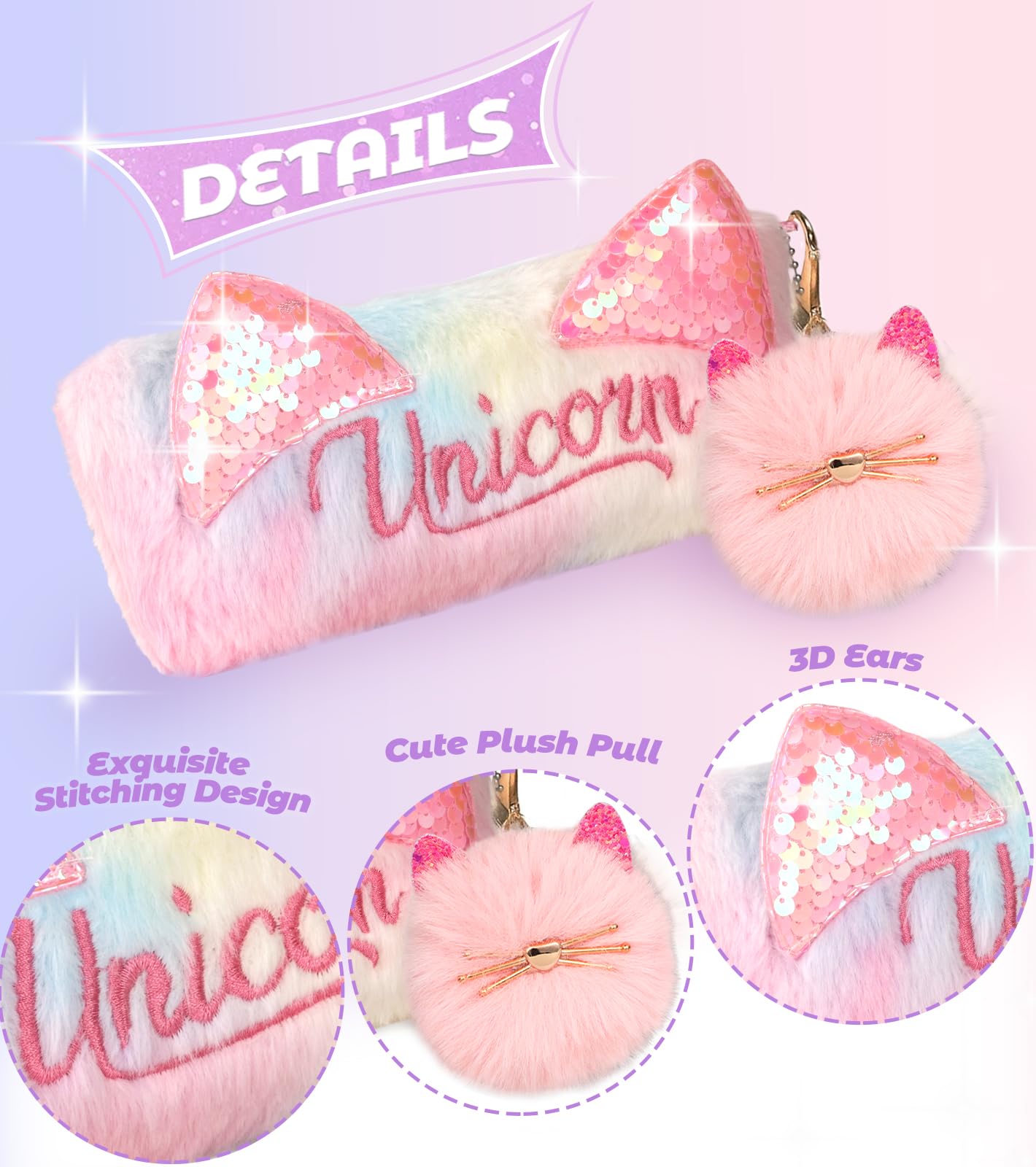 Cute Pencil Case for Girls - Back to School Stuff Zipper Pencil Case Aesthetic, Soft Plush Pen Bag for Students, Glitter Bling Study Supplies Stationery, Sparkly Cat Ear Sequin Makeup Bag