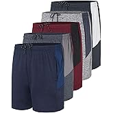 Real Essentials 5 Pack: Men's 5" Inseam Dry-Fit Running Workout Shorts - Pockets & Drawstring (Available in Big & Tall)