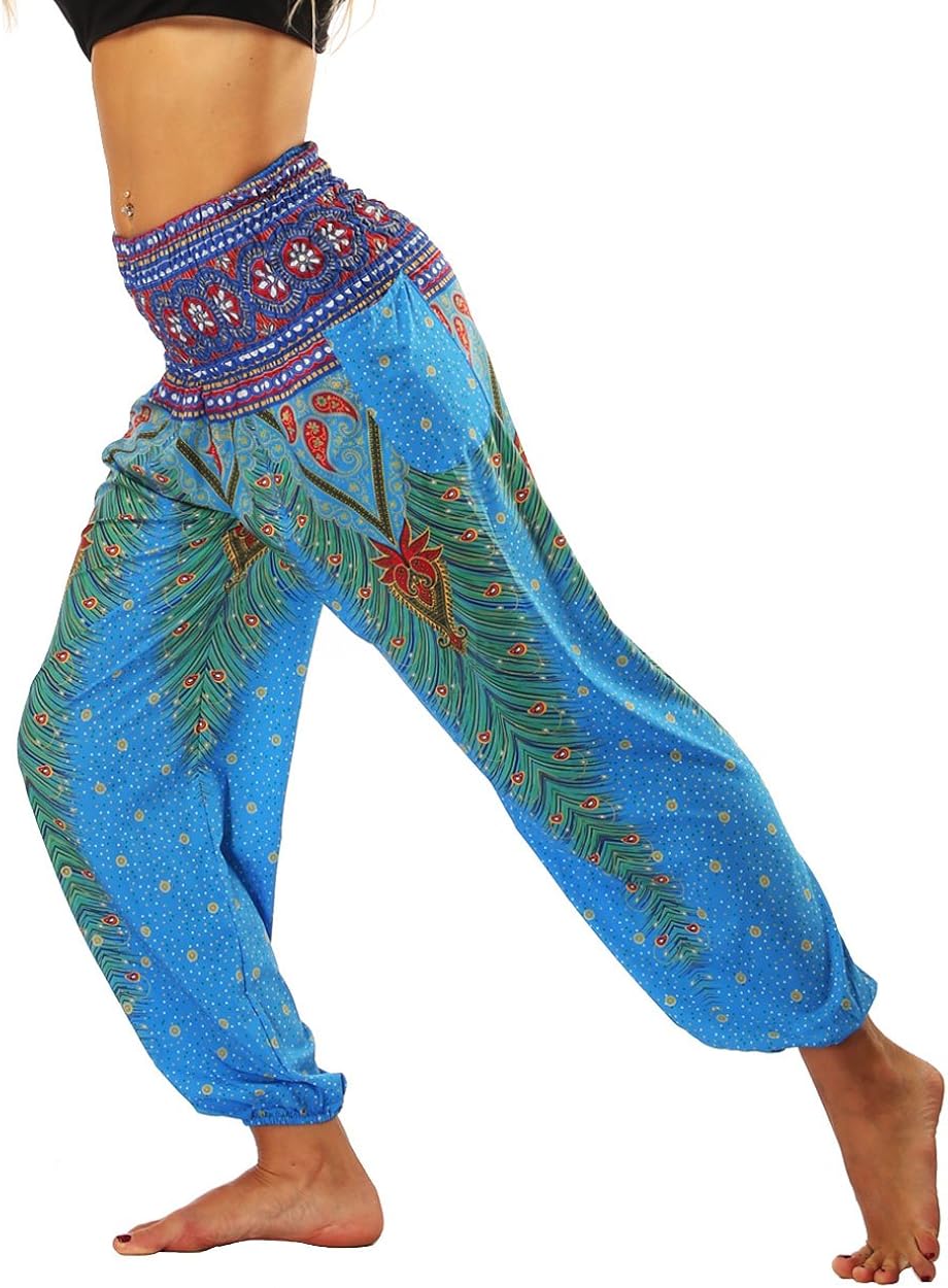 Nuofengkudu Baggy Aladdin Hippie Pants for Women Boho Patterned Smocked Waist High Waist Blue Peacock Print Cool Harem Pyjama Trousers Summer Clothes Yoga Beach Holiday(Size: One Size) - Image 3
