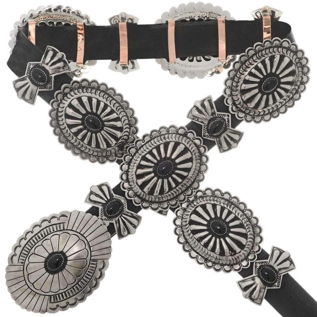 Belts Navajo Onyx Silver Concho Belt Classic Santa Fe Full Size 0429 Handmade Products