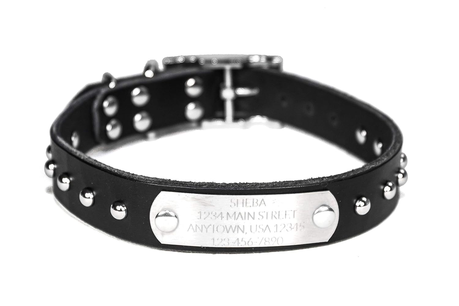 Handmade Studded Black Leather Dog Collar, Silver Tone