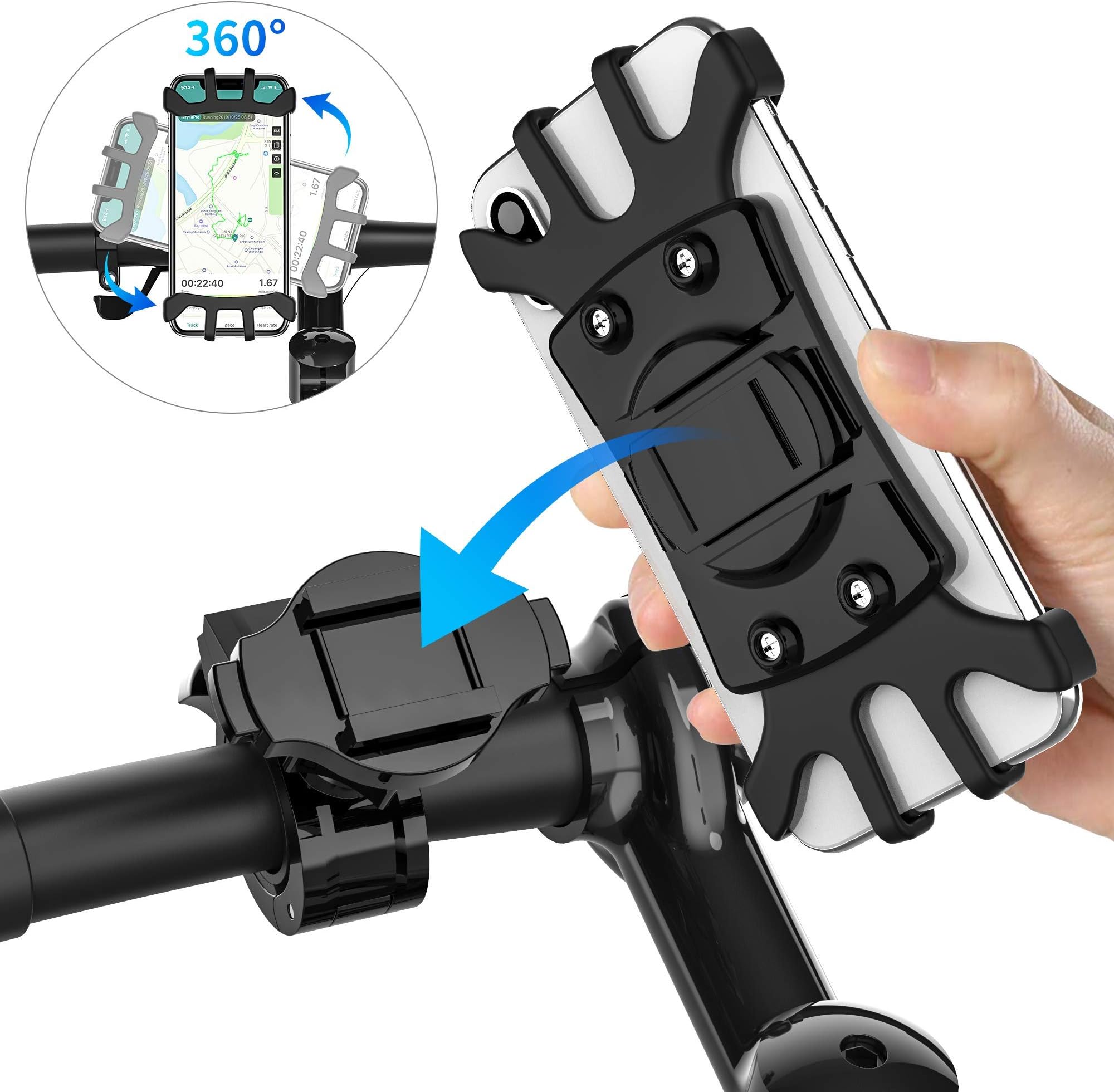 TOTOBAY Bike Phone Holder Universal Handlebar Bicycle Phone Mount 360° Rotatable Adjustable Shock-Absorbing Bike&Motorcycle Smartphone Holder Cradle with Extendable Silicone Strap for Smartphone