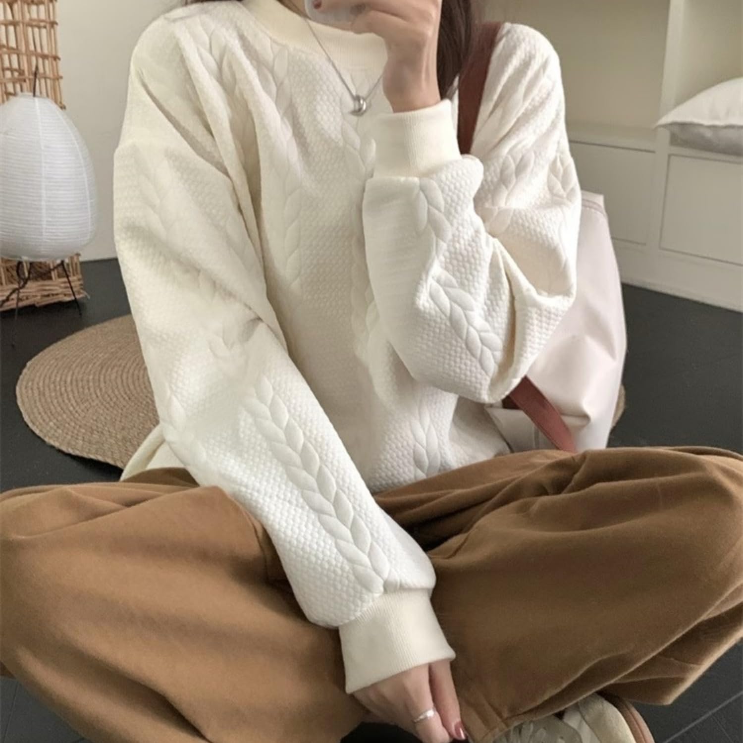 [safulsey] Women's Sweatshirt, Spring, Autumn, Winter, Oversize, Logo, Thin, Long Sleeve, Loose, Large Size, Stylish, Crew Neck, Long, Casual, Cute, Top, Hoodie, Korean Body Cover, Commuting to Work