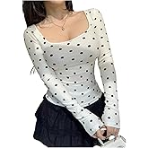 Milumia Women's Polka Dots Top Square Neck Long Sleeve T Shirt Slim Fitted Casual Tee Tops