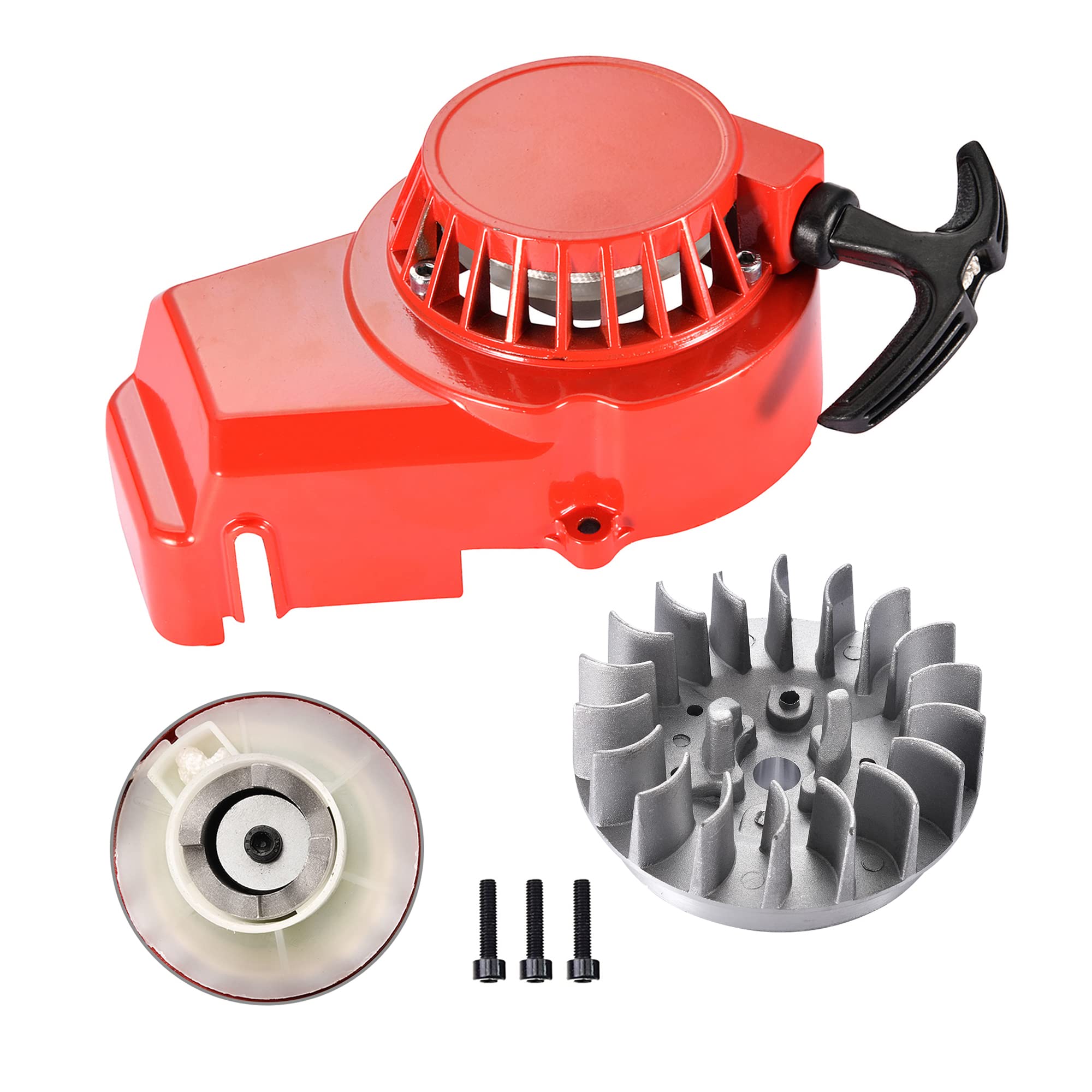 GOOFIT Red Alloy Pull Start Recoil Starter With 18 Fin Flywheel Replacement for 2 Stroke 43cc 47cc 49cc ATV Mini Dirt Bike Scooter Brush Cutter Water pump