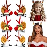 6 PCS Christmas Reindeer Antlers Hair Clips Bows Deer Ears Cute Hat Bell Headdress Headband Sparkly Accessories for Women Gifts, Cute Ring Bell