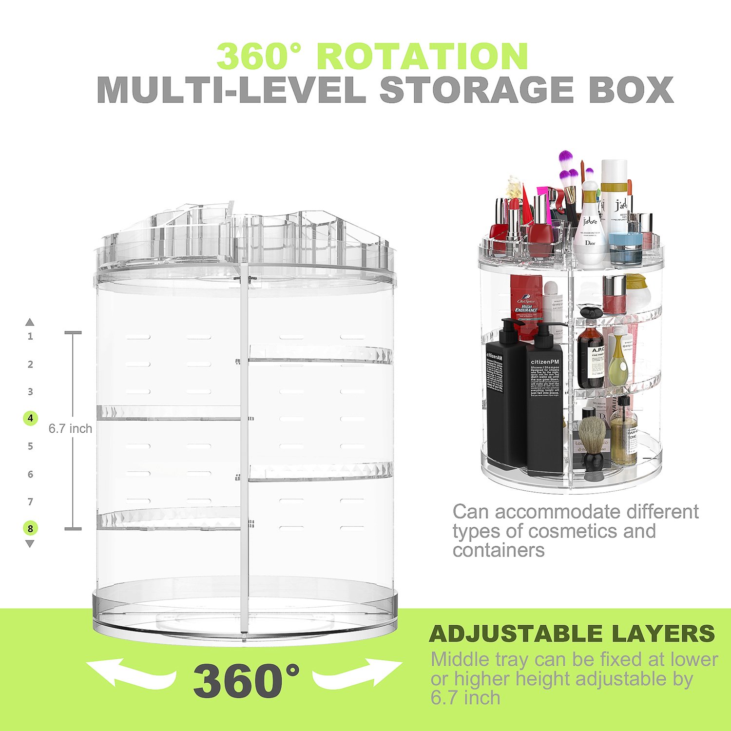 Makeup Organiser, 360 Degree Rotating Adjustable Jewelry and Cosmetic Display Stand, 8 Layers Make Up Storage Box - Crystal Clear