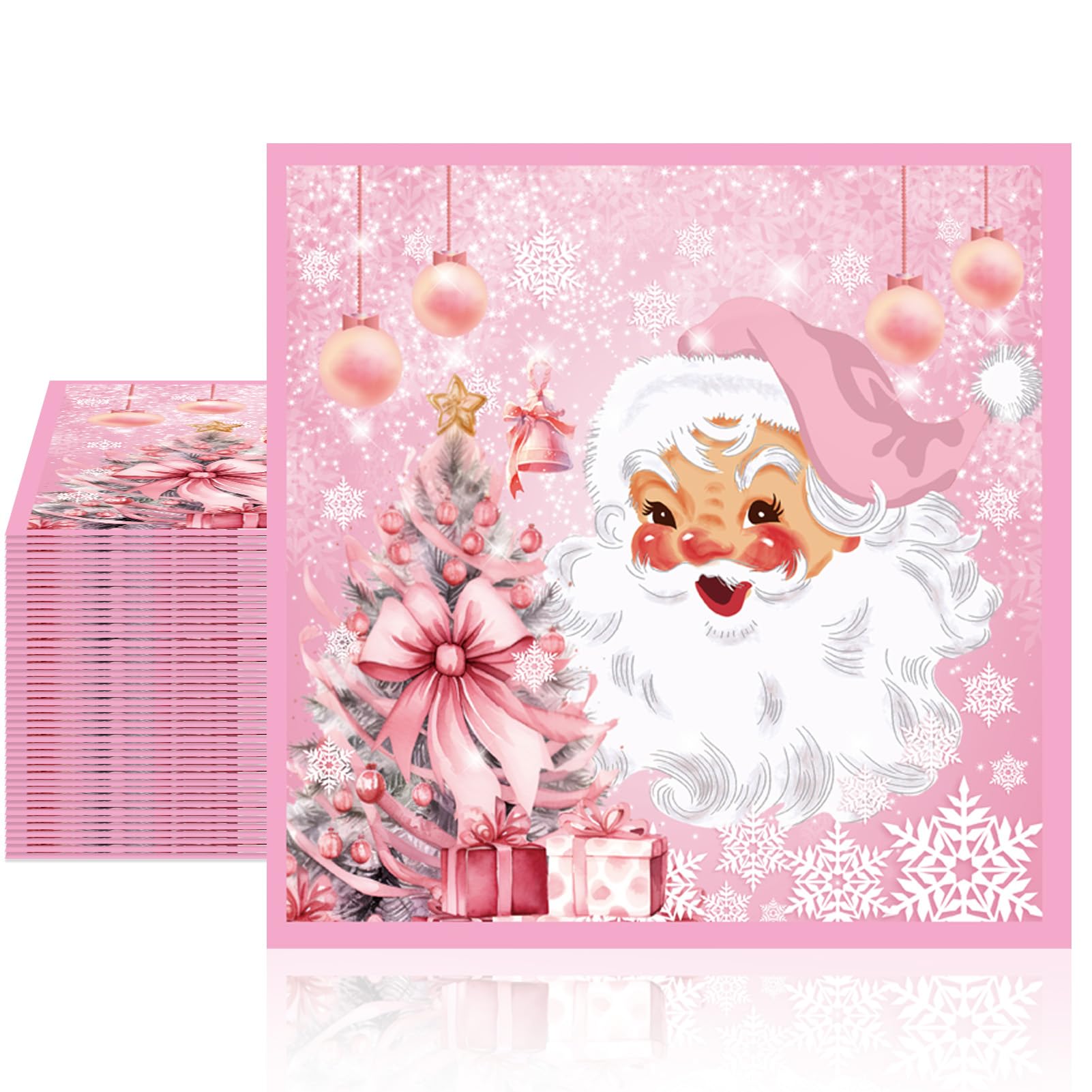 Photo 1 of 100Pcs Pink Christmas Paper Napkins Disposable, Decorative Santa Claus Christmas Napkins for Decoupage Winter New Year Holiday Xmas Party Supplies 6.5 x 6.5 Inches