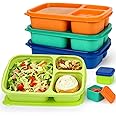 Caperci Bento Lunch Box Containers for Adults & Kids - 3-Compartment Reusable Meal Prep Containers with 2Pc Sauce Containers for School, Work, Travel, Wheat Straw, Set of 4 (Jewel Brights)