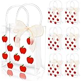 FYSUIMU 12 Pcs Back to School Clear PVC Gift Bags Red Apples Fruit Party Favor Bags with Handles Treat Tote Bag with Ribbon for First Day of School Birthday Baby Shower