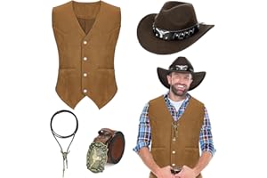 4Pcs Cowboy Outfits for Men Western,Cowboy Costume Suede Leather Vest Hat Necktie Buckle Belt for Halloween Party