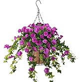 Homsunny Artificial Vine Silk Petunia Flowers Hanging Plant in Basket, Coconut Lining Basket Hanging Plant for Patio Lawn Garden Porch Spring Decor (Purple)