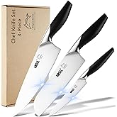 AMSZL 3-Piece German Steel Knife Set - Razor Sharp Chef, Santoku & Utility Knives with Full Tang Handles | 15° Hand-Honed Edge for Precision | Complete Kitchen Knife Set for Home Cooks