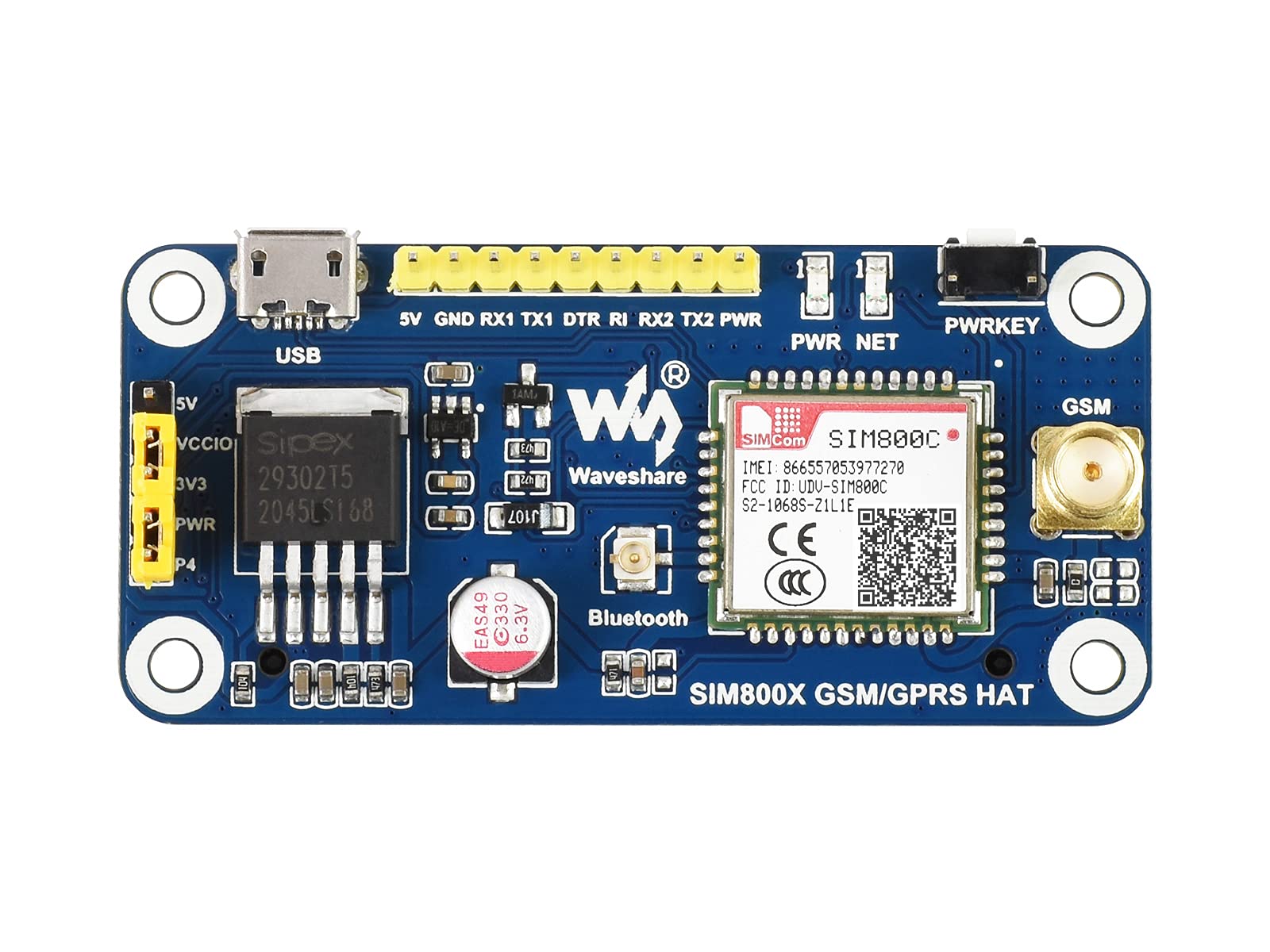 Waveshare SIM800C GSM/GPRSHAT, 2G Communication Data Transmission, Compatible with Raspberry Pi 4B/3B+/3A+/3B/2B/1B+/1A+/Zero 2 W/Zero W/Zero/Jetson Nano