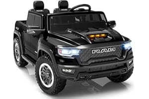 FIRST RIDE ON 24V Ride on Toys for Big Kids, Licensed RAM 1500 RHO Electric Car for Kids w/Remote Control, Ride on Truck w/Bluetooth, LED Lights, Truck Bed Storage, Gear Shifter & Soft Start (Black)