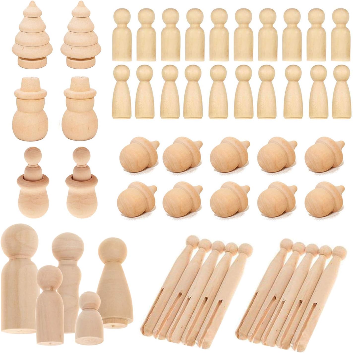 Woohome 71 PCS Wooden Peg Dolls Peg People, Wooden Peg Figures
