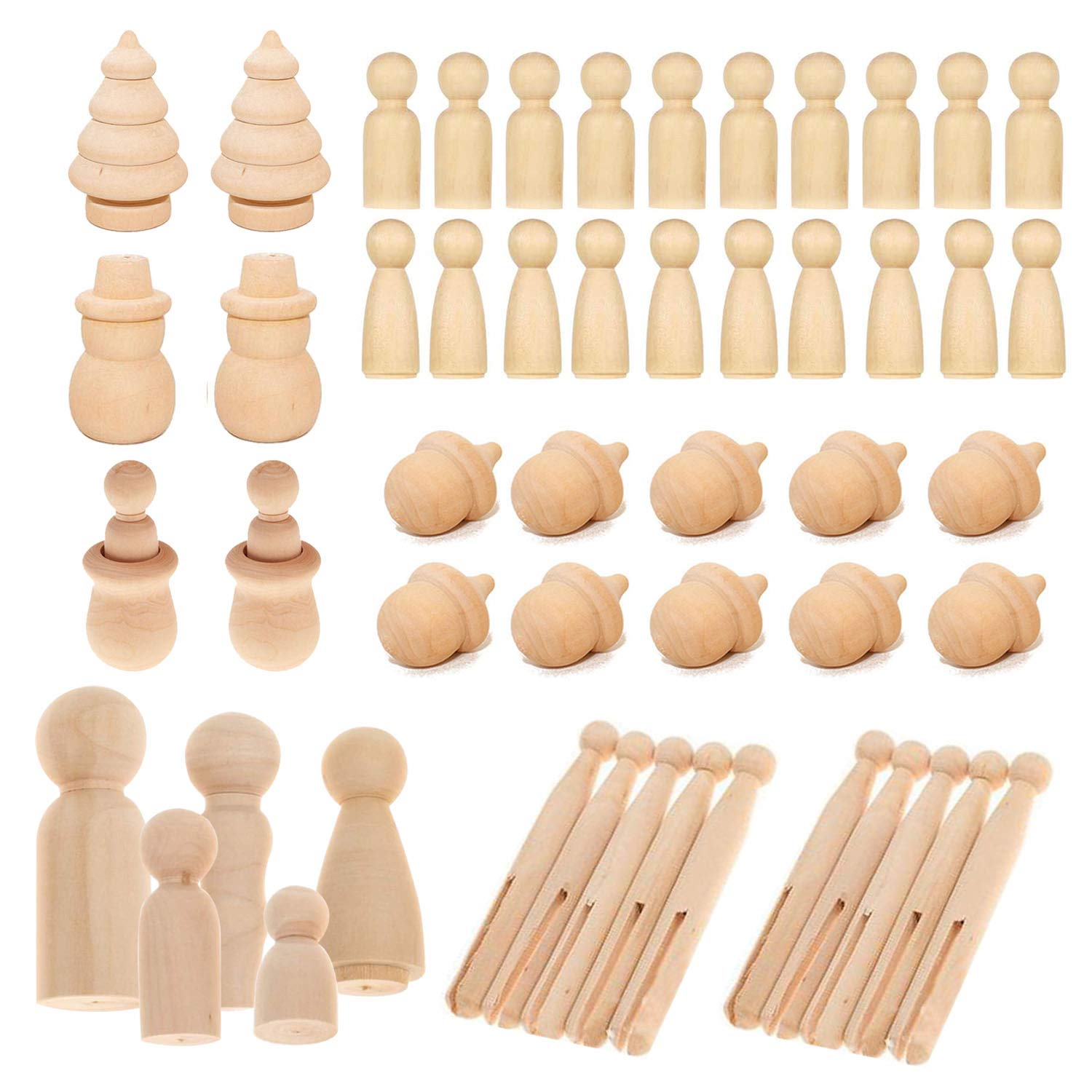 Woohome 71 PCS Wooden Peg Dolls Peg People, Wooden Peg Figures, Natural Unpainted Wood Figures Decorative for Kids Crafts Projects, Painting, Games, 8 Style