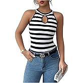 WDIRARA Women's Striped Cut Out Tank Top Sleeveless Crew Neck Summer Casual Fitted Tops