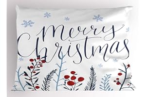 Lunarable Merry Christmas Pillow Sham, Botanical Berries and Snowflakes Falling Snow New Year Winter Illustration, Decorative Standard King Size Printed Pillowcase, 36" X 20", Red Blue