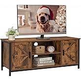 FIONESO Farmhouse TV Stand for 55 Inch TV, TV Table with 2 Cabinets & Shelf, Entertainment Center with Metal Frame & Cable Ma
