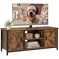 FIONESO Farmhouse TV Stand for 55 Inch TV, TV Table with 2 Cabinets & Shelf, Entertainment Center with Metal Frame & Cable Ma