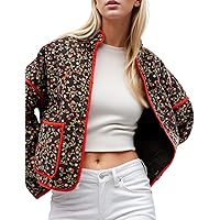 Yimoon Women's Cropped Puffer Quilted Jacket Vintage Floral Print Open Front Lightweight Short Jacket Outerwear