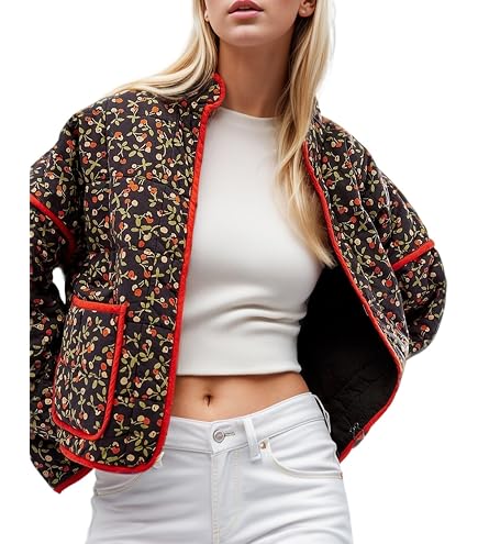 Women's Vintage Floral Print Cropped Puffer Quilted Jacket, Womens