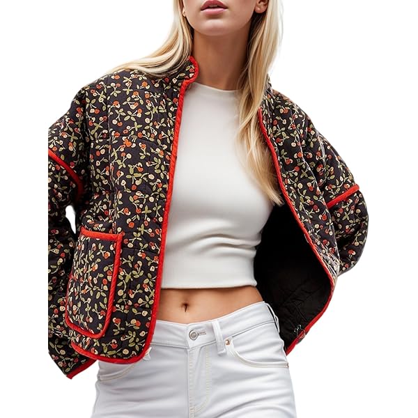 Wyeysyt Women's Cropped Puffer Jacket Lightweight Floral Print