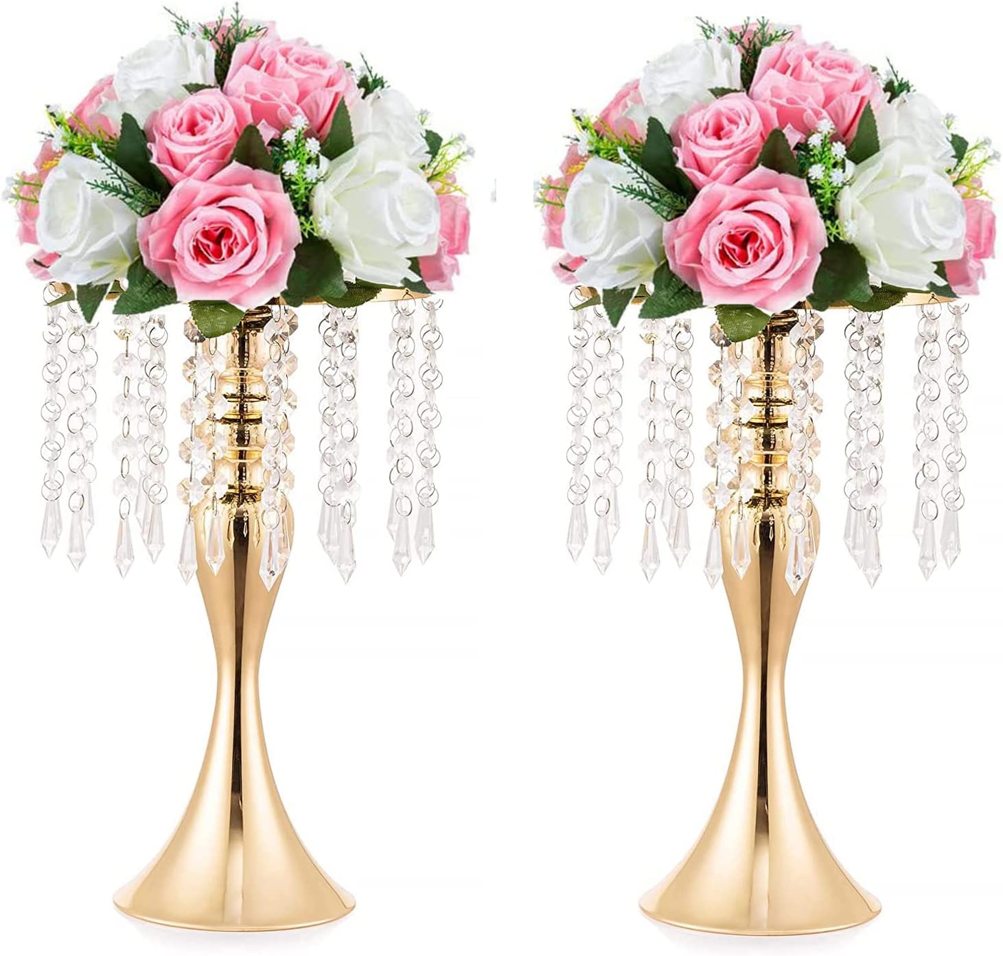 Gold Vases for Wedding Centerpieces Set of 2 Crystal Flower Arrangement Stand, Metal Flower Stand Centerpiece for Table Pieces Wedding Event Decor