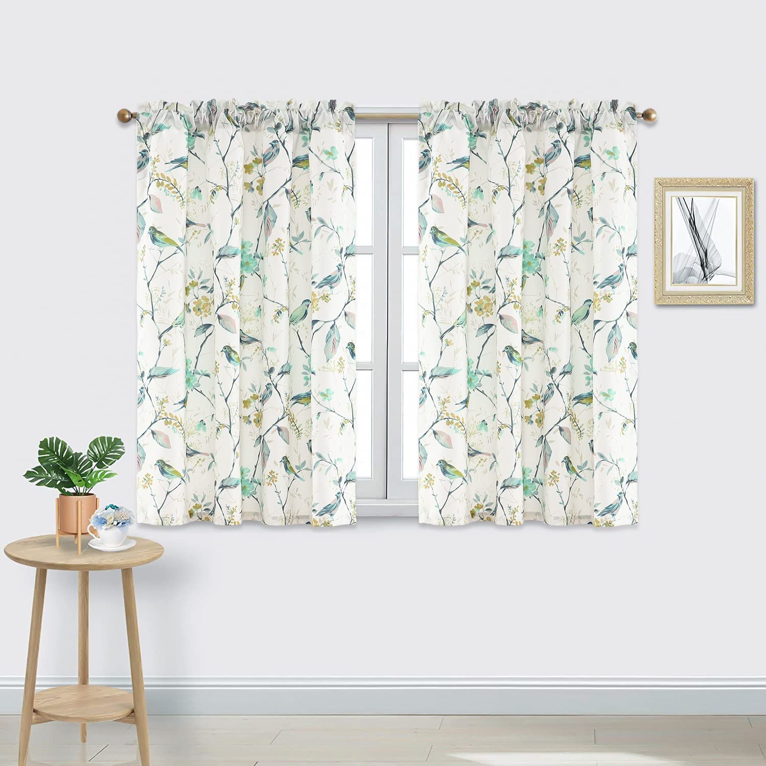 Photo 1 of VOGOL Small Curtains Drapes, Classic Green Birds and Colorful Flowers Window Treatment, Light Filtering Panels for Kids Room Living Room, 42 x 45, Set of 2, Green