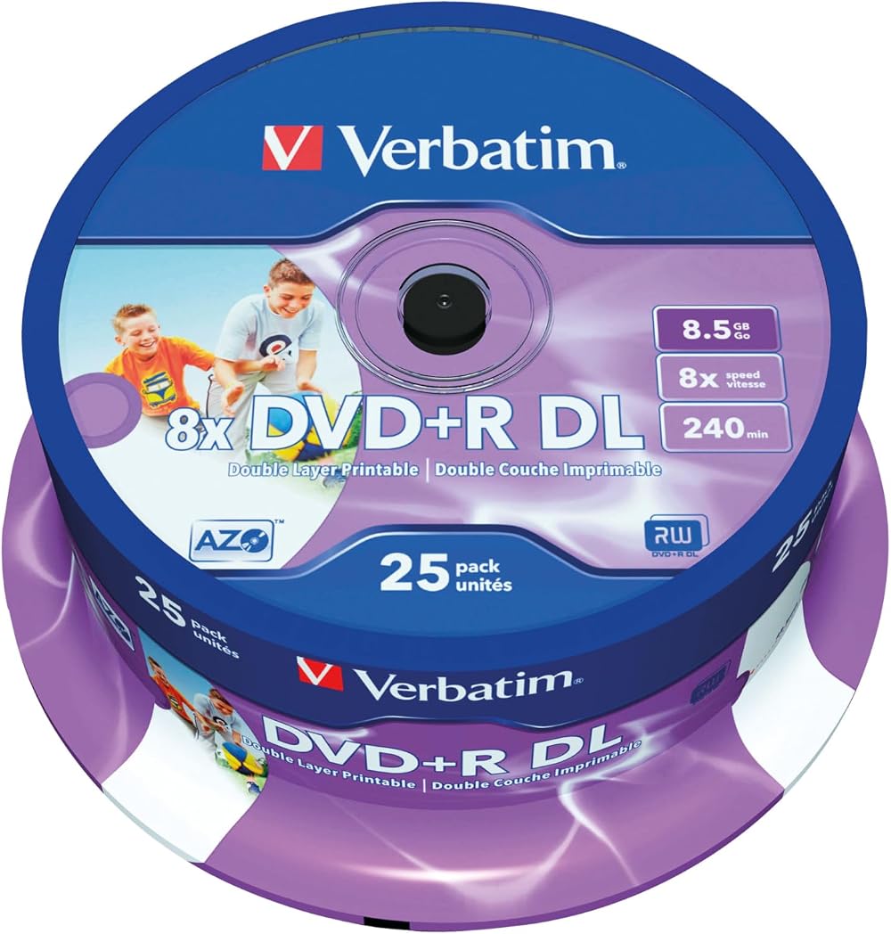 Verbatim 43667 8.5GB 8x Double Layer DVD+R Spindle 25 Pack - Printable