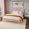 Yegee Upholstered Bed Velvet Queen Size Bed Frame with Height Adjustable Headboard and Strong Wooden Slats Support No Box Spring Needed (Light Pink Full)