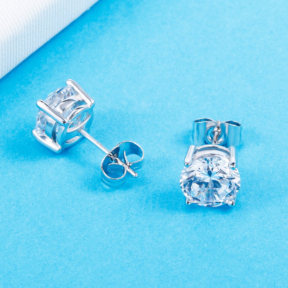 Platinum Plated Round Cubic Zirconia Simple Stud Diamond Earrings for Sensitive Ear,Come with Back