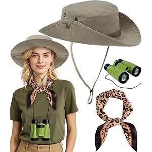 BOXPATH 3 PCS Safari Costume Women,Safari Hat Set Halloween Costume Adult | 3 PCS Safari Costume,Safari Hat/Leopard Scarf /Bi