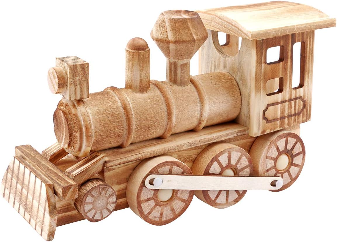Dedoot Retro Wood Train Model, Vintage Wooden Train Engine Model for Home Decor Tabletop Ornament Art Craft Collectibles - Wood Color