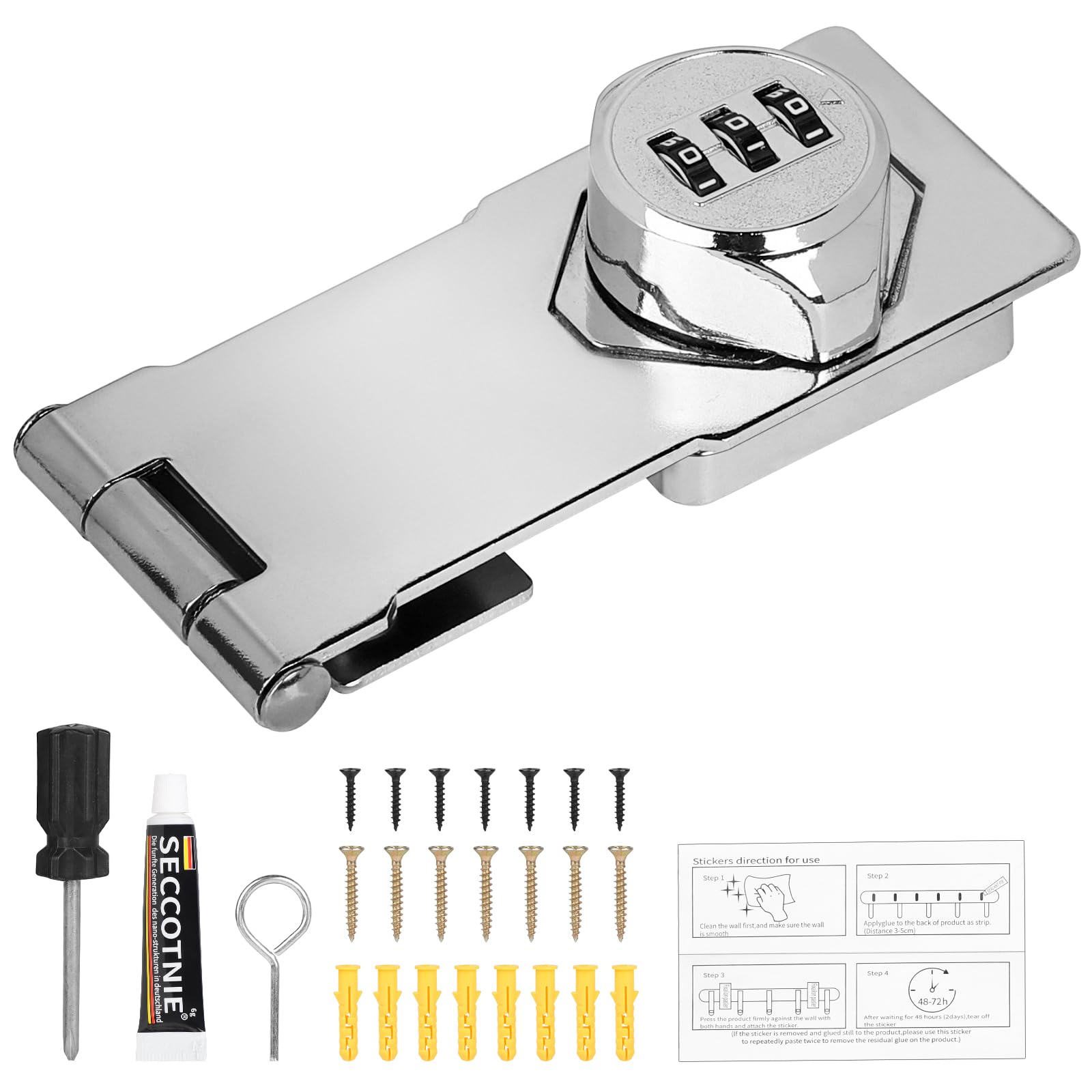 SUPAWAY 1 Piece Combination Lock with 3 Digits Combination Lock 4.5in Hasp Locks for Cabinet, Cabinet, Password, Small Door Lock, Barn Door, Silver