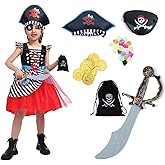 Girl's Pirate Costume Dress，Buccaneer Princess Dress With Sword,Eye-Patch,Coins,Jewels,Earring 5-6years