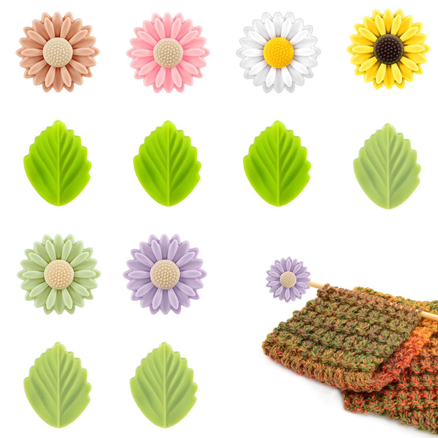 12pcs Knitting Needle Stoppers, Colorful Cute Flower Leaf Knitting Needles Point Protectors Silicone Knitting Tip Needle Caps Stitch Stoppers for Crochet Knitting DIY Accessories