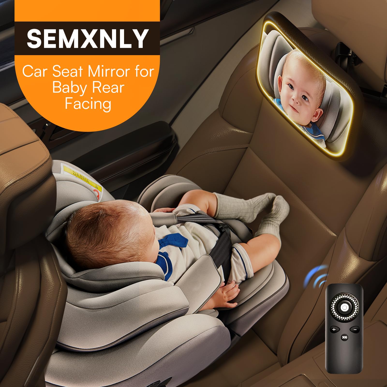 Baby Car Mirror with Light - Rechargeable Baby Mirror for Car with Remote Control, Clear Vision, 360° Rotation Rear Facing Car Seat Mirror, Shock and Shatter Resistant