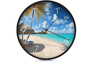 FekiLoot Tropical Beach Wall Clock Battery Operated Silent Non Ticking 10 Inch Decorative Round Wall Clock Modern Fashion Cla